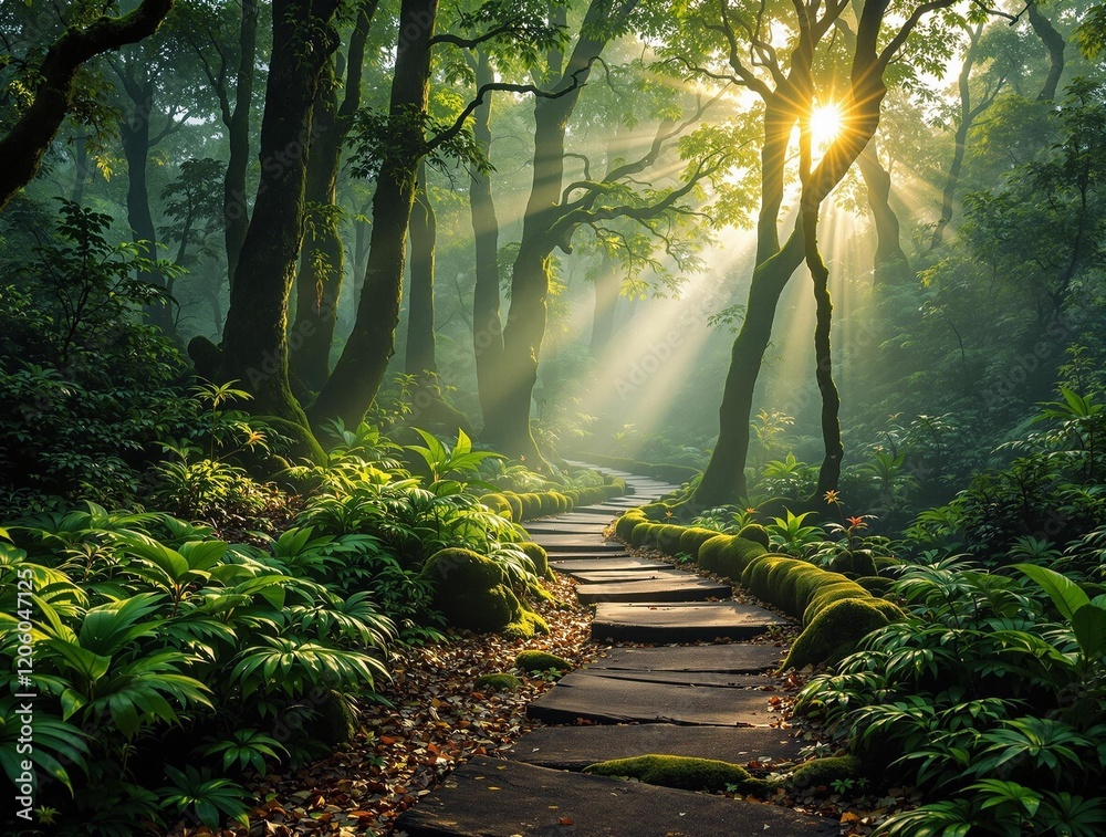 Aufkleber a serene forest scene with a sunbeam shining through the trees, casting a warm glow on the winding p