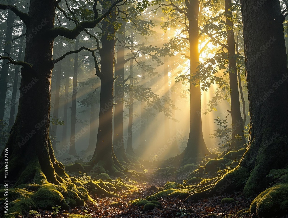 Poster a misty forest with tall, old trees and green moss on their trunks. Sunlight streams through the trees, casting a warm glow and creating a serene atmosphere.