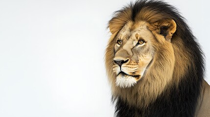 Obraz premium A noble lion gazing off into the distance, its powerful physique framed by a minimalistic white setting