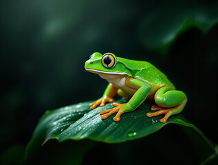 Obraz premium a vibrant green frog perched on a leaf. The frog has a glossy appearance and is surrounded by a dark, forest-like background.