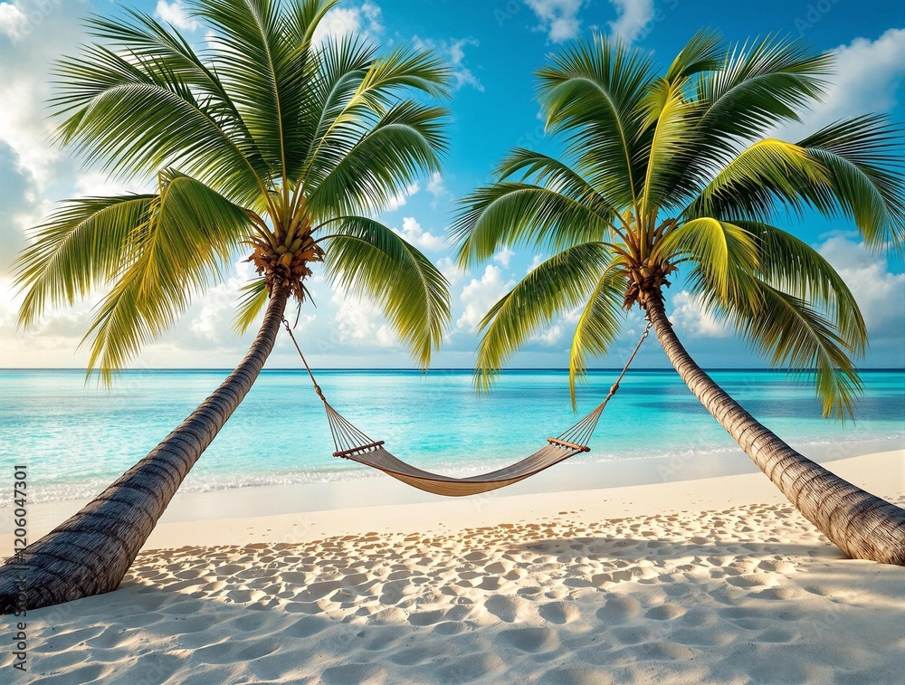 Poster a beautiful beach scene with two palm trees, a hammock between them, and a clear blue sky with a few