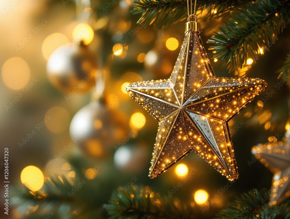 Poster a close-up of a christmas tree adorned with a golden star ornament decorated with glitter and small 