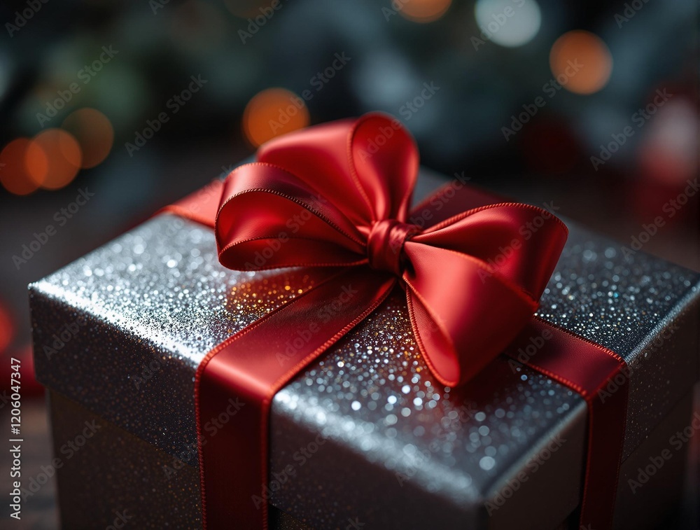 Poster a close-up of a silver gift box adorned with a red ribbon and bow, set against a blurred background 