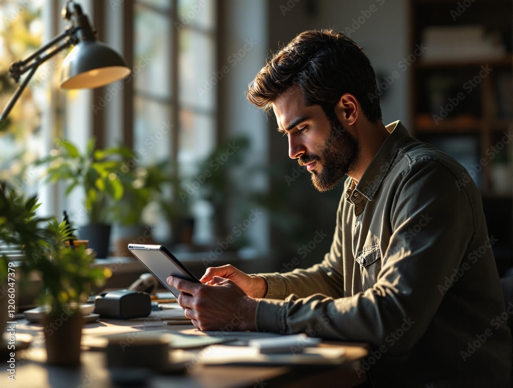 Poster a man with a beard sitting at a desk in his home office, using a tablet computer. the room has a war