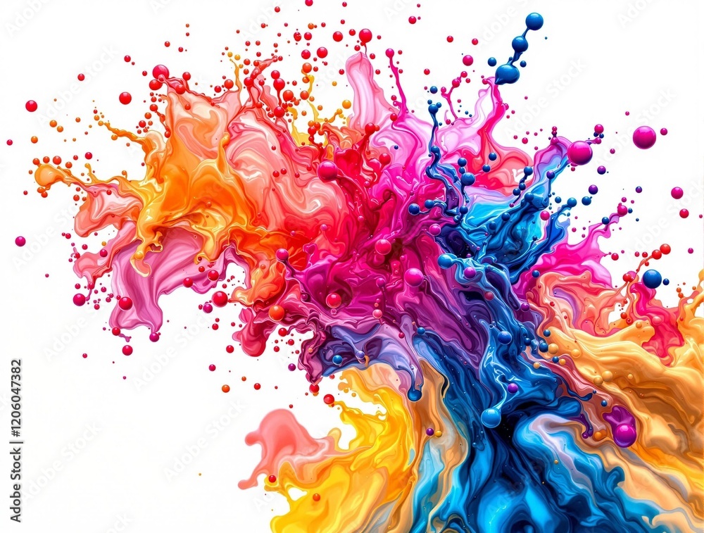 Poster a vibrant and colorful abstract painting with splashes of various colors blending together against a