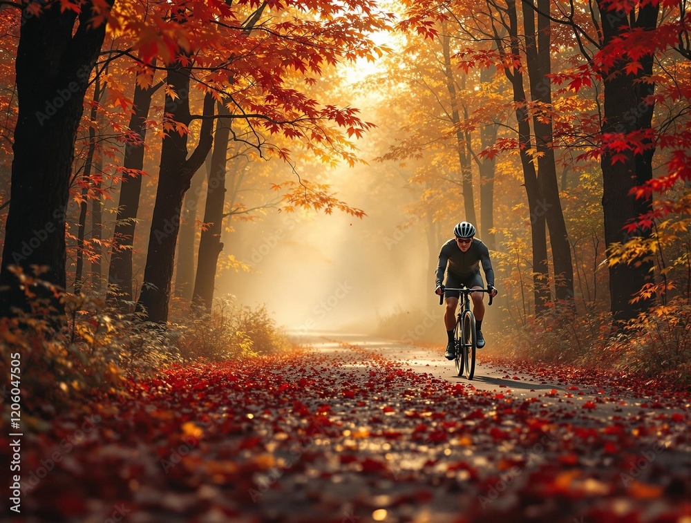 Poster a cyclist riding down a leaf-strewn path in a forest during autumn, with the trees in the background displaying vibrant fall colors.