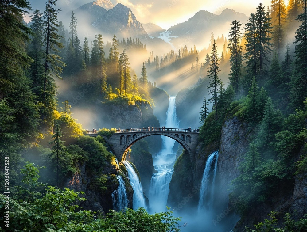 Poster a picturesque scene of a misty forest with a bridge crossing over a waterfall, surrounded by lush gr
