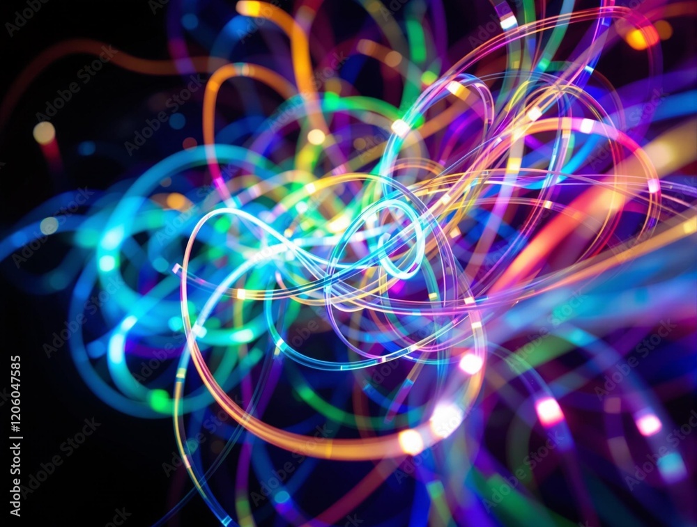 Poster colorful light trails in a dark background, creating a vibrant and dynamic visual effect.