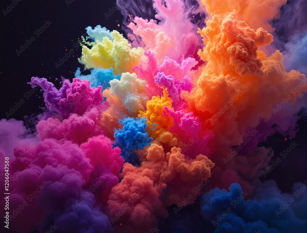 Poster an abstract scene of vibrant, colorful smoke or powder floating against a dark background, creating 