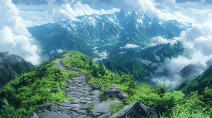 Obraz premium A scenic mountain landscape with a winding stone path, lush greenery, and dramatic clouds.