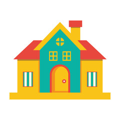 A colorful and symmetrical cartoon house with yellow walls, a teal façade, and a red roof, ideal for children’s books and playful designs. Clipart flat house vector illustration.  