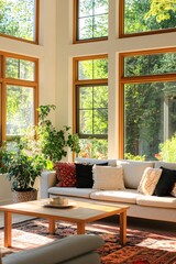 Fototapeta premium Sunlit Living Room Modern Sofa Plants Natural Light Cozy Home Interior Design