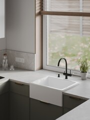 Scandinavian classic kitchen with stone and white details, minimalistic interior design 3d illustration	
