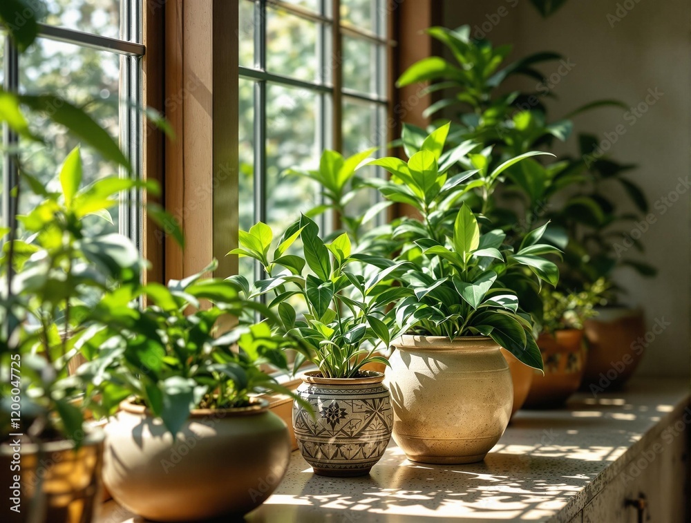 Poster  three bronze pots with green plants inside them, placed on a marble slab. They are positioned in front of a window with natural light streaming in.