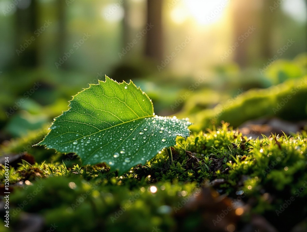 Aufkleber a close-up of a green leaf with droplets of water on it, placed on a bed of green moss in a forested area. The sunlight filters through the trees, casting a warm glow and creating a serene atmosphere.