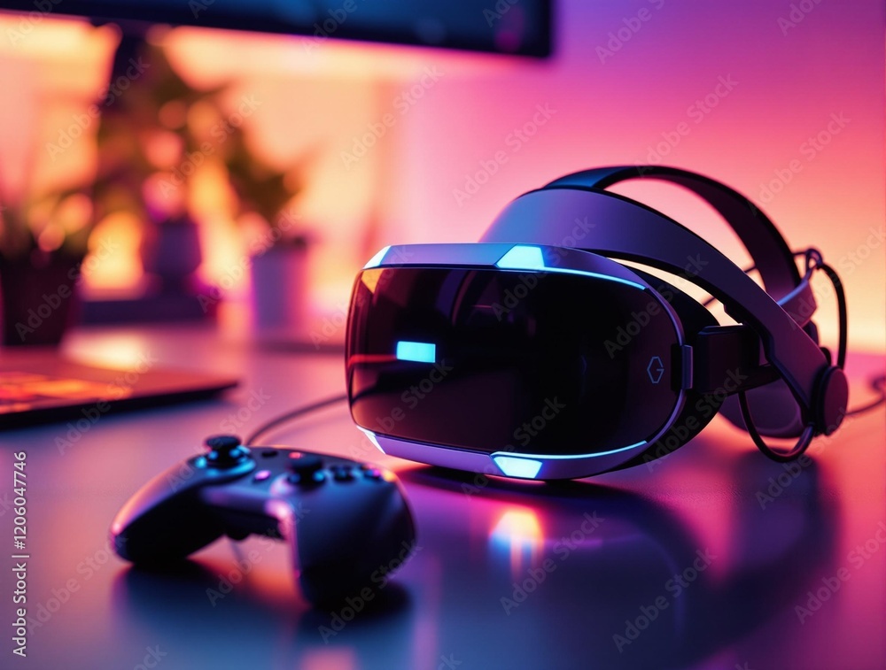 Aufkleber a virtual reality (vr) headset and a controller placed on a surface, surrounded by a pink and purple