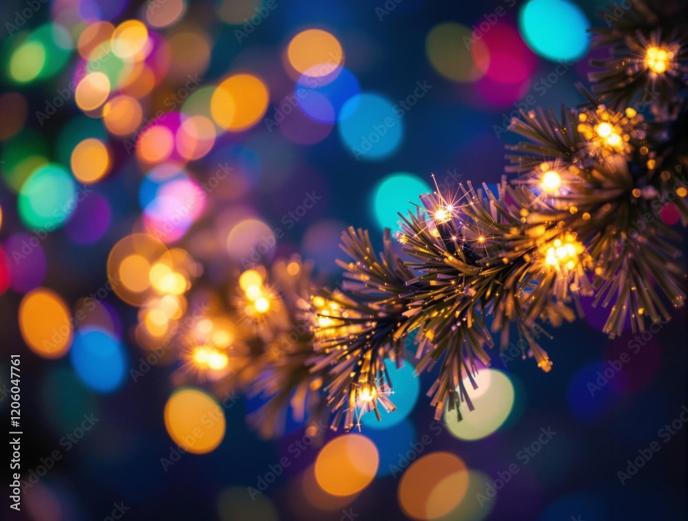 Poster a close-up of a lit-up christmas tree branch, with colorful lights and a blurred, bokeh background o
