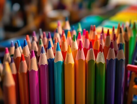 a colorful collection of sharpened colored pencils arranged in rows, with the background blurred.