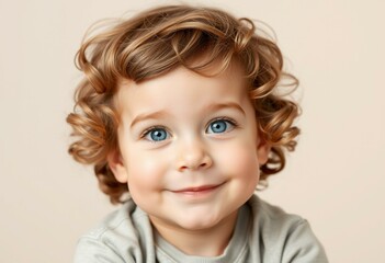 Naklejka premium Portrait of a 3-year-old boy with blue eyes and curly hair