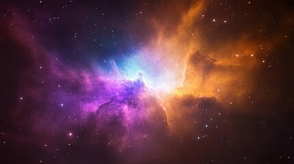 A vibrant cosmic nebula showcasing colors of purple, blue, and orange in a starry background.