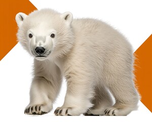 Obraz premium A polar bear cub walking toward the viewer, its round, soft body highlighted against the minimal white backdrop
