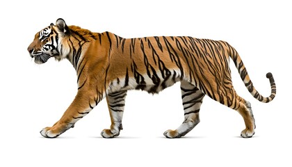 A powerful tiger walking proudly, its posture exuding confidence, set against the simplicity of a white backdrop