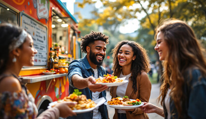 Friends gathered around a colorful food truck share joyful moments while savoring flavorful dishes in a lively park during a sunny afternoon
