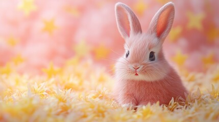Fototapeta premium Adorable Fluffy Bunny Surrounded by Soft Starry Pastel Backdrop with Gentle Yellow Petals