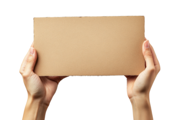 Action of holding blank cardboard placard studio setting of hands minimalist environment close-up viewpoint for effective communication isolated on transparent background