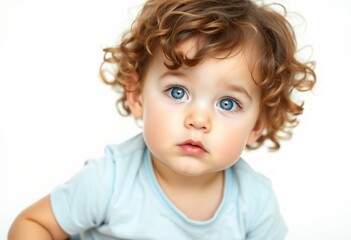 Naklejka premium Portrait of a toddler boy with curly brown hair and bright blue eyes