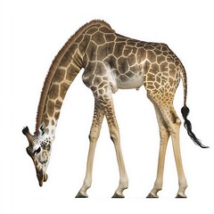 A serene giraffe captured mid-stance, its elegant frame perfectly balanced on a clean white canvas