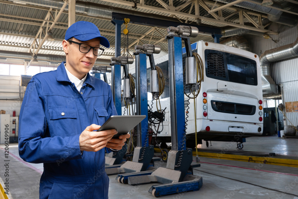 Poster serviceman with digital tablet on the background of the truck in the car service.