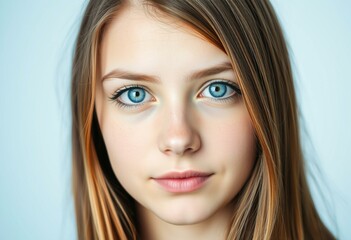 Portrait of a teenage girl with brown hair and blue eyes