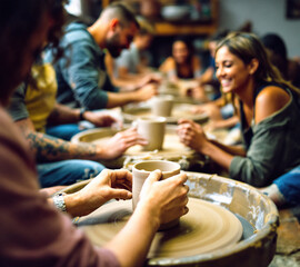 A lively pottery workshop takes place as a diverse group of individuals engages in sculpting clay on potter's wheels. Laughter and creativity fill the air