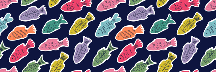 Colorful seamless pattern of fish stickers. Scandinavian design on a dark blue background. Movement of a school of ocean fish. Children's vector illustration