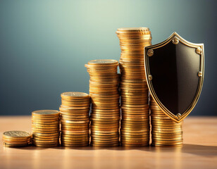 A stack of gold coins guarded by a shield, representing financial security and insurance coverage for investments.