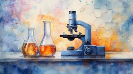 A scientific setup featuring a microscope and flasks with liquid, symbolizing research and discovery.