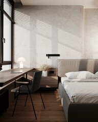 Corner view of bedroom interior bed with sheets, carpet on hardwood floor. Cozy relaxing space with grass wardrobe and plants near panoramic window. Mock up copy space empty wall. 3D rendering