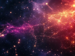 Fototapeta premium abstract digital network visualization with glowing data nodes and connection lines, deep space background with floating information particles