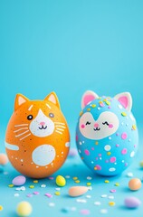 Fototapeta premium Two beautifully decorated Easter eggs resembling a playful cat and fox, adding a whimsical flair to any spring celebration, ideal for festive décor and family events during Easter time.