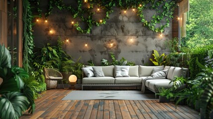 A cozy, plant-filled lounge area with a sectional sofa and ambient lighting, perfect for relaxation.