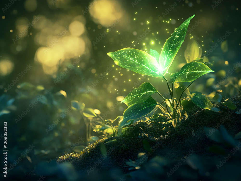 Aufkleber Magical glowing plant with sparkling particles in a mystical forest setting