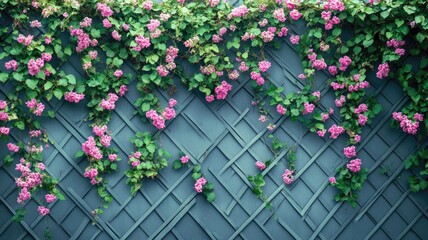 Vivid pink flowers and green vines on trellis