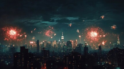 Fototapeta premium A beautifully lit city skyline at midnight, with fireworks bursting in the sky