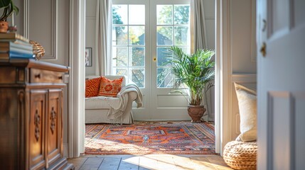 A cozy, sunlit living space featuring a sofa, potted plant, and vibrant rug, inviting relaxation.