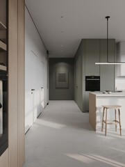 Modern loft style  kitchen interior. 3d rendering design concept. Contemporary kitchen interior with grey and white furniture. Design and lifestyle concept. 3D Rendering