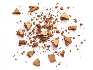 Fototapeta premium artful arrangement of scattered cake crumbs and broken cookies creating abstract composition on pure white background