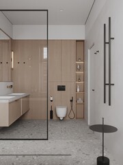 Modern bathroom interior, modern bathroom cabinet, white sink, wooden counter, bathroom accessories and shower, 3D render