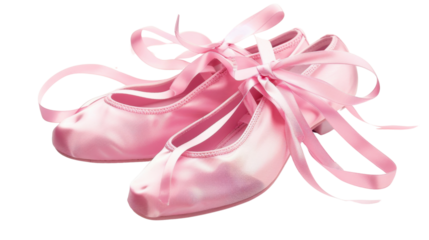 Pink satin ballet shoes with ribbon laces on transparent background