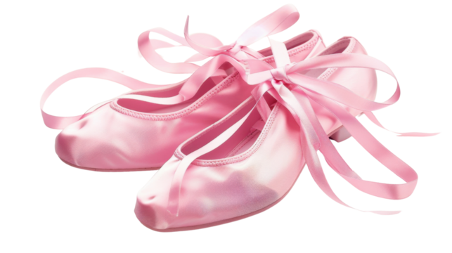 Pink satin ballet shoes with ribbon laces on transparent background - Powered by Adobe
